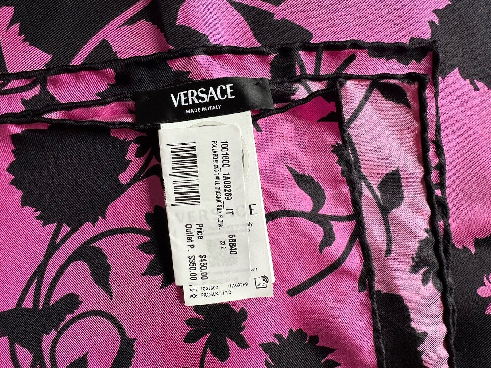 Versace Twill Organic Silk Floral Foulard Pink Scarf 35”x 35” 1001600 New $450