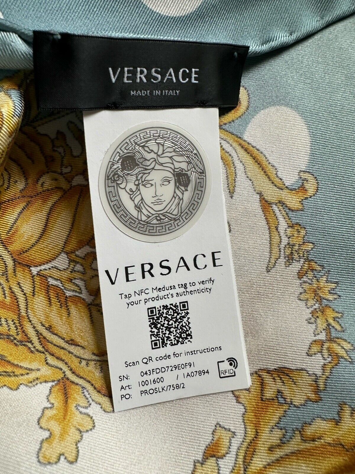 Versace Medusa Silk Twill Barocco Foulard Scarf  Blue/Polka Dots 35”x 34” Italy