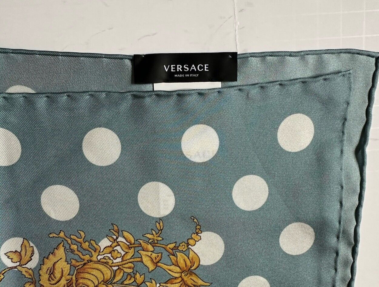 Versace Medusa Silk Twill Barocco Foulard Scarf  Blue/Polka Dots 35”x 34” Italy