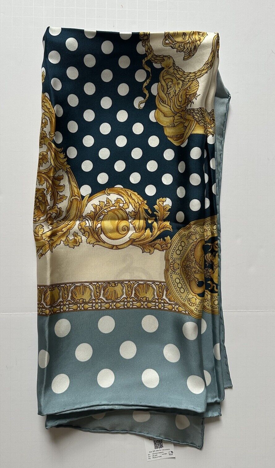 Versace Medusa Silk Twill Barocco Foulard Scarf  Blue/Polka Dots 35”x 34” Italy