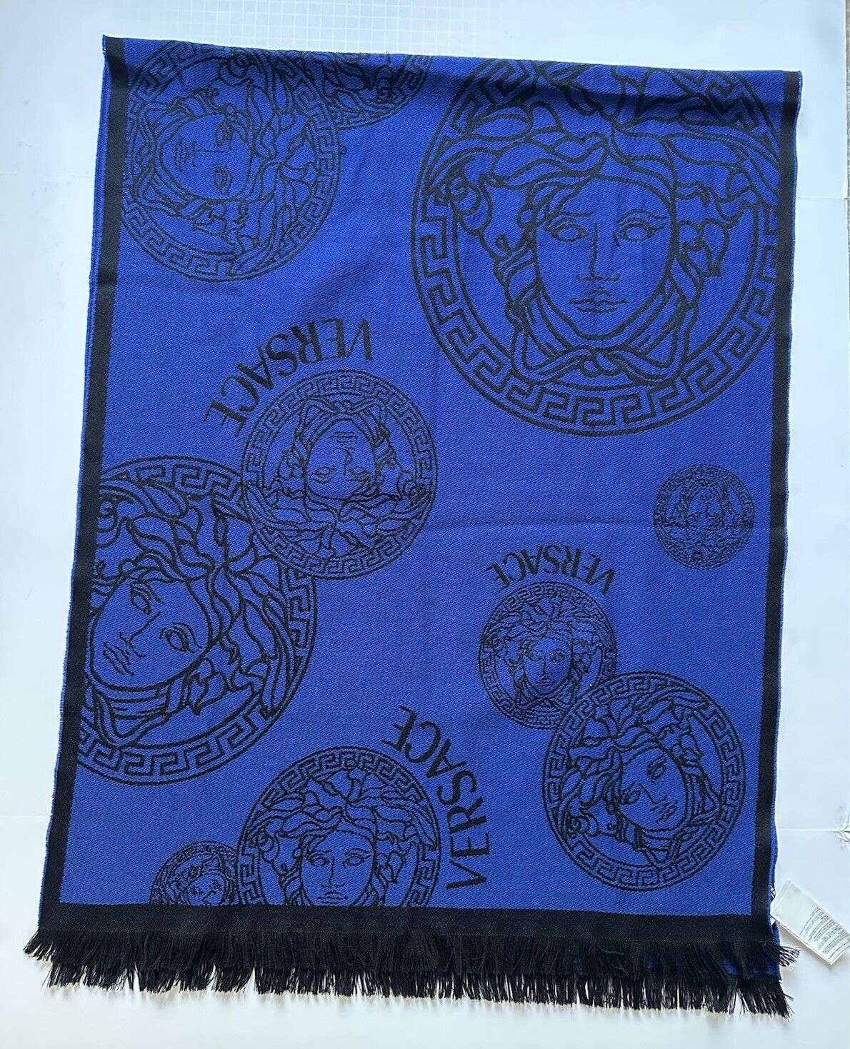 Versace Medusa Jacquard Wool Blue Scarf 70”Lx26.5”W Italy 1001596 NWT $590