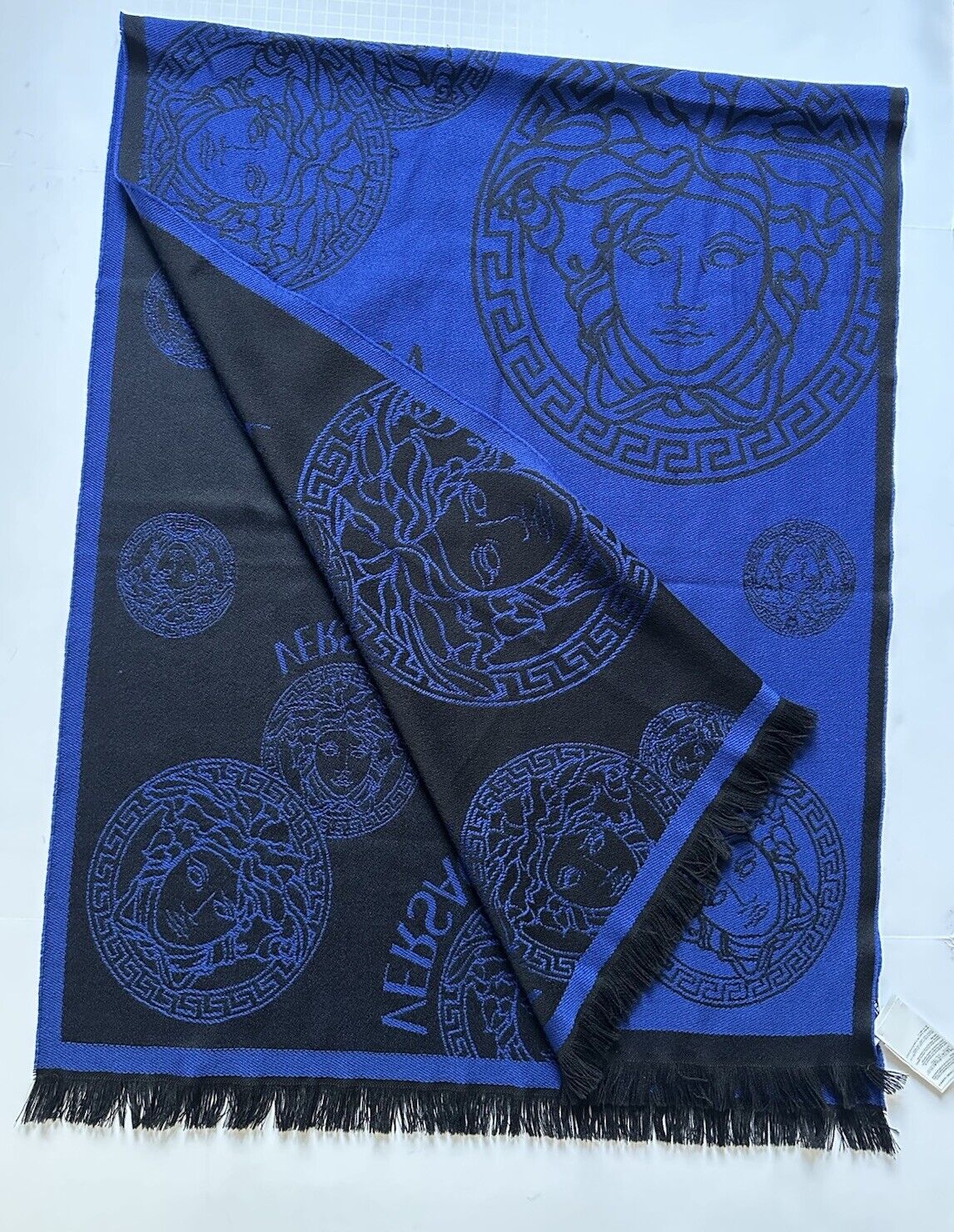 Versace Medusa Jacquard Wool Blue Scarf 70”Lx26.5”W Italy 1001596 NWT $590