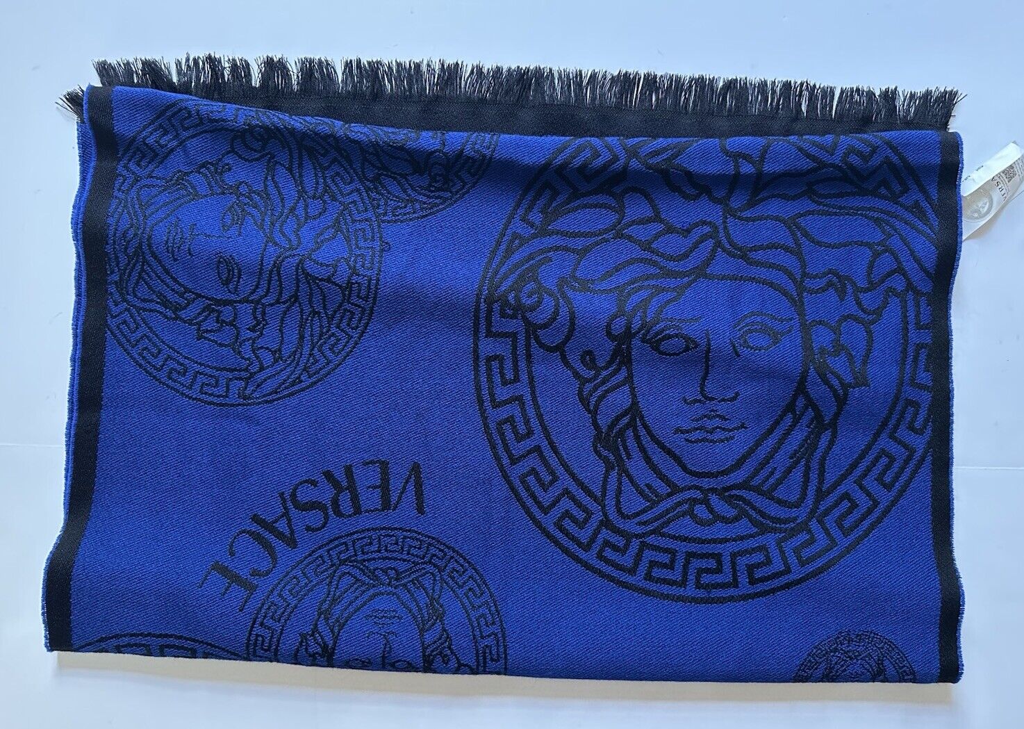 Versace Medusa Jacquard Wool Blue Scarf 70”Lx26.5”W Italy 1001596 NWT $590