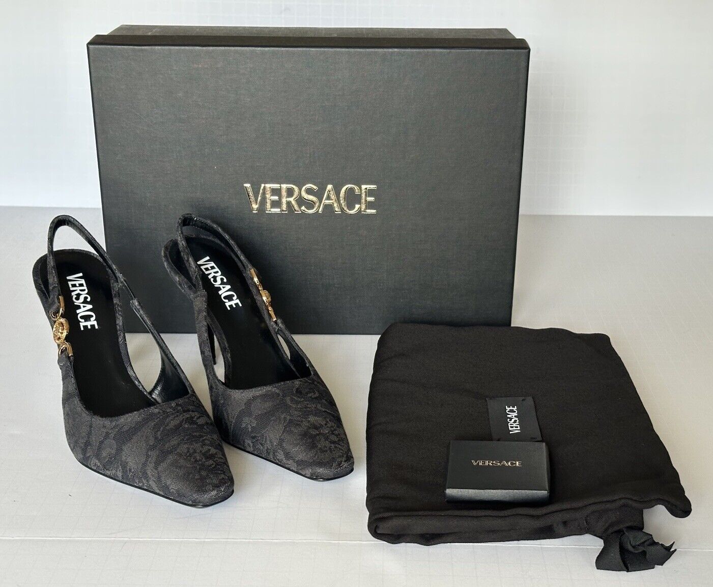 Versace Sling Back Womens Leather Pump Shoes Black 8 US (38) 1012428 IT NIB $790