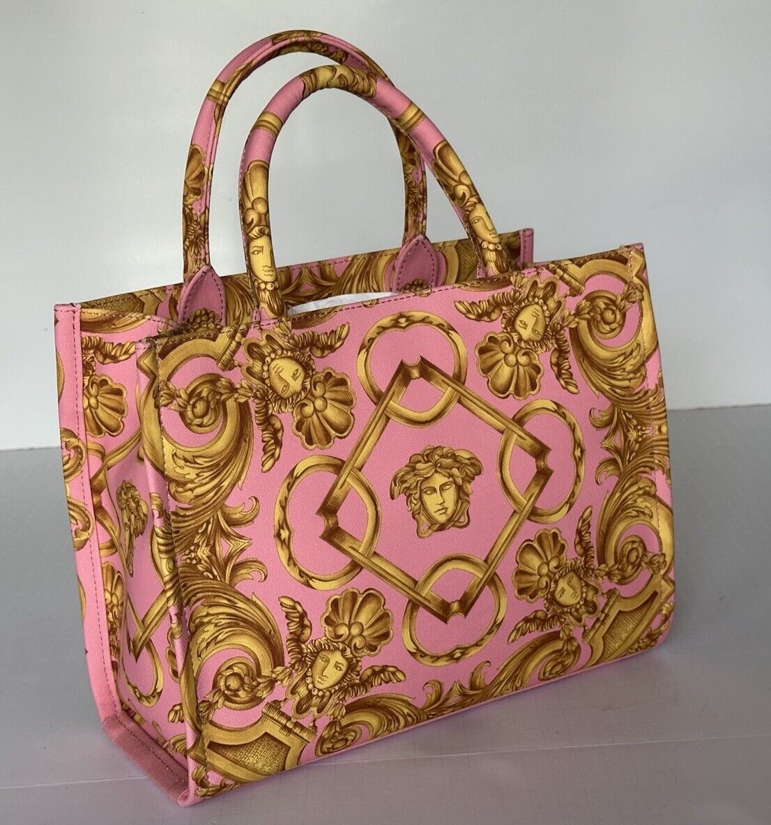 Versace Top Handle Small Tote Fabric/Leather Pink/Gold Bag 1014570 IT NWT $1275