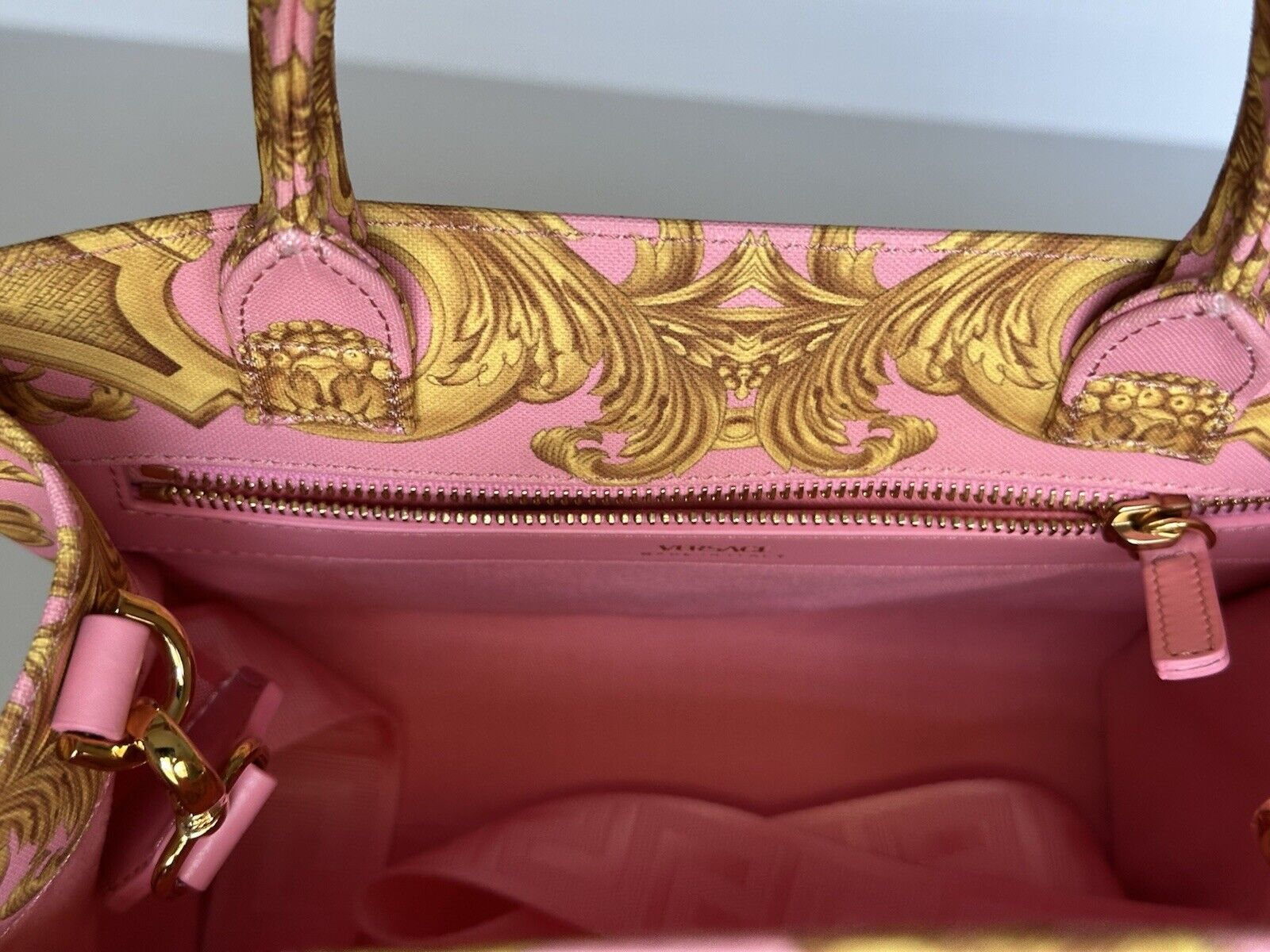 Versace Top Handle Small Tote Fabric/Leather Pink/Gold Bag 1014570 IT NWT $1275