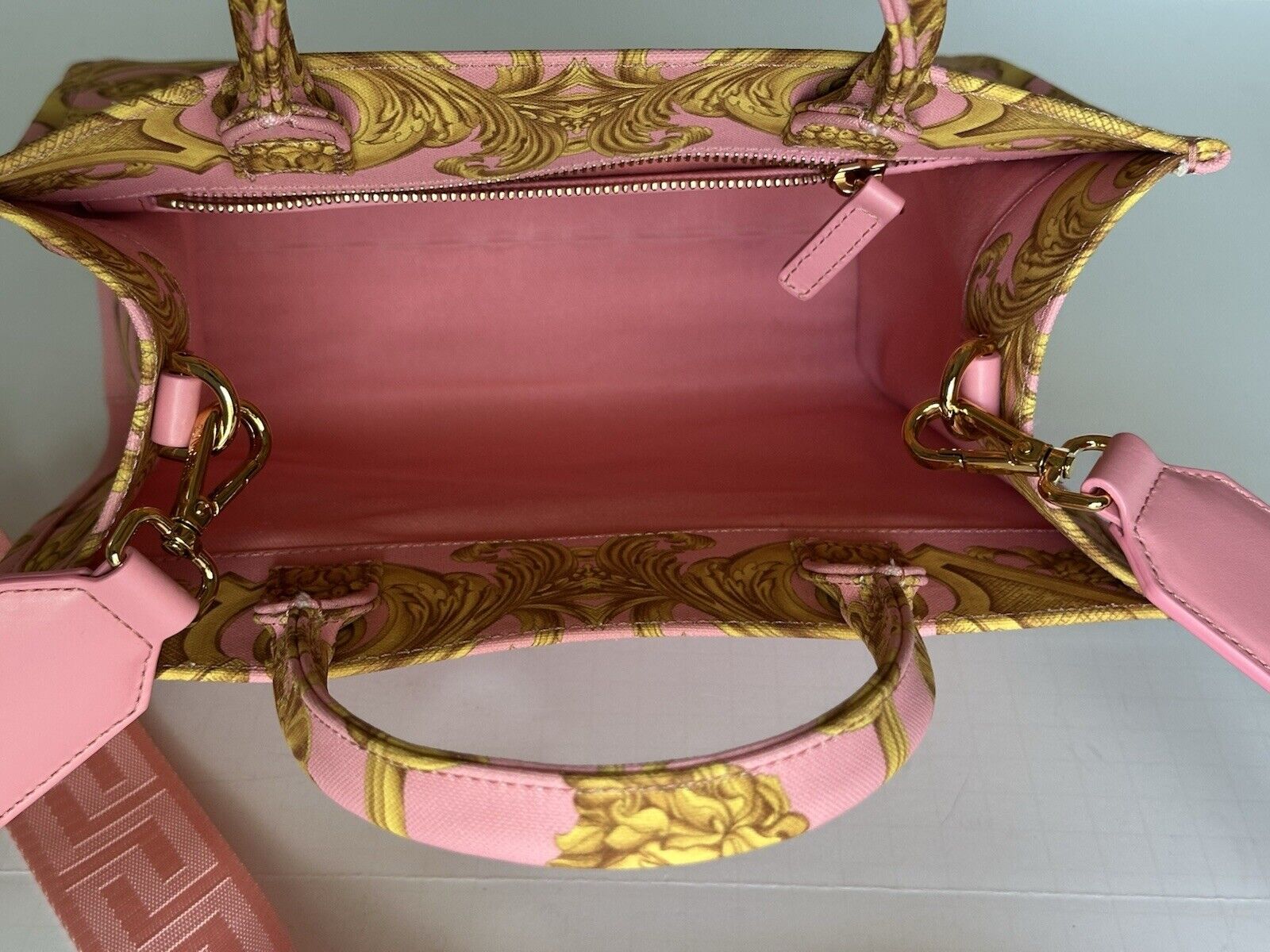 Versace Top Handle Small Tote Fabric/Leather Pink/Gold Bag 1014570 IT NWT $1275