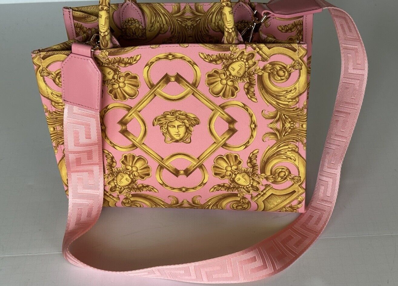 Versace Top Handle Small Tote Fabric/Leather Pink/Gold Bag 1014570 IT NWT $1275