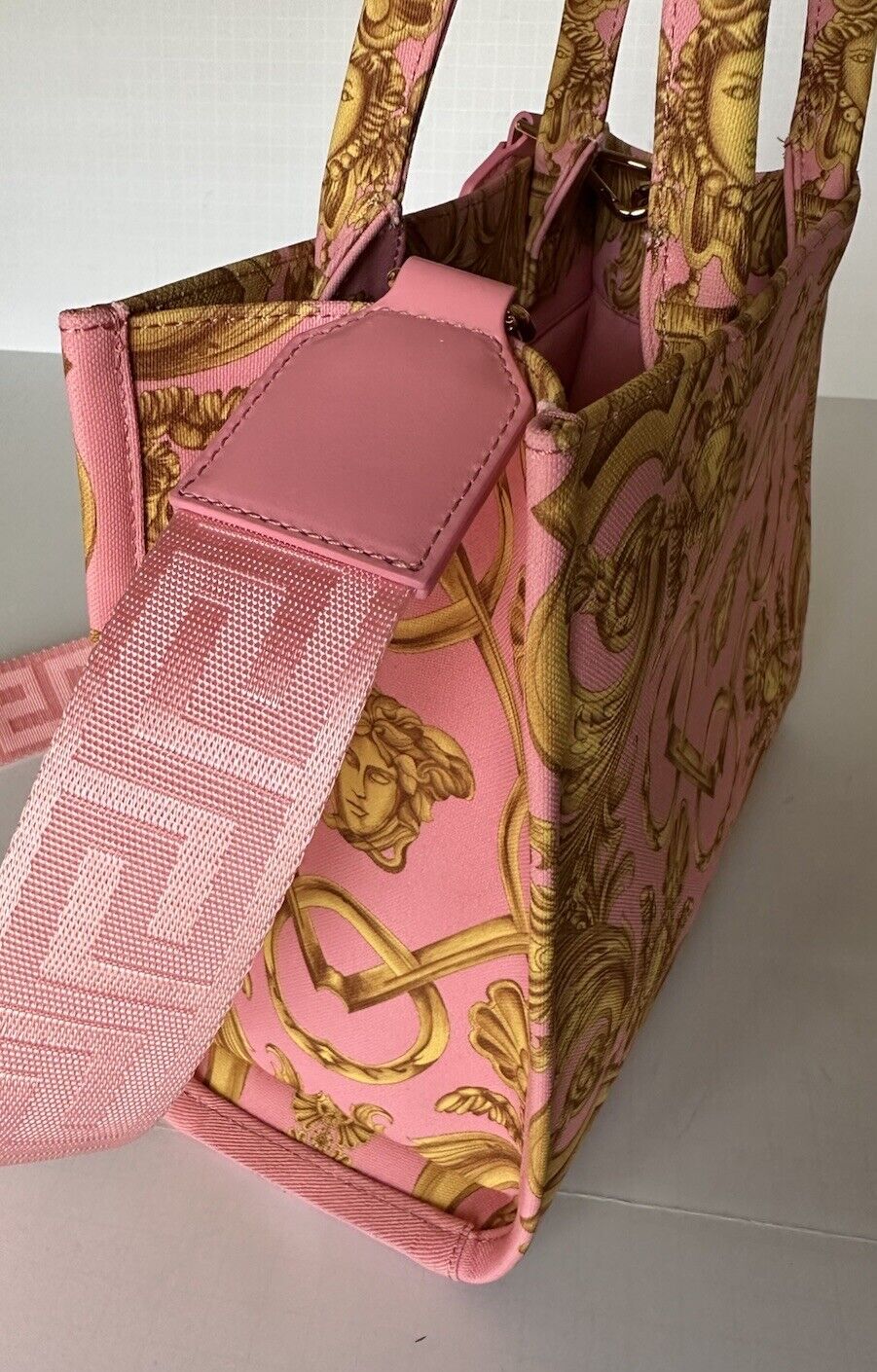 Versace Top Handle Small Tote Fabric/Leather Pink/Gold Bag 1014570 IT NWT $1275