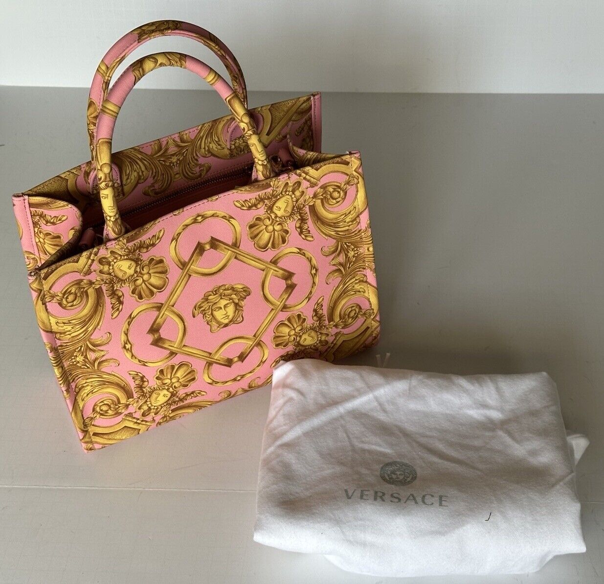 Versace Top Handle Small Tote Fabric/Leather Pink/Gold Bag 1014570 IT NWT $1275