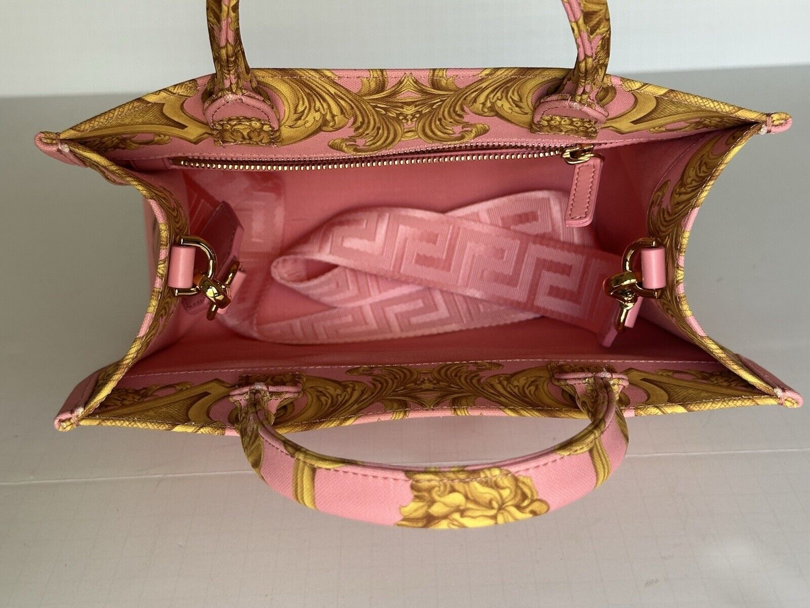 Versace Top Handle Small Tote Fabric/Leather Pink/Gold Bag 1014570 IT NWT $1275