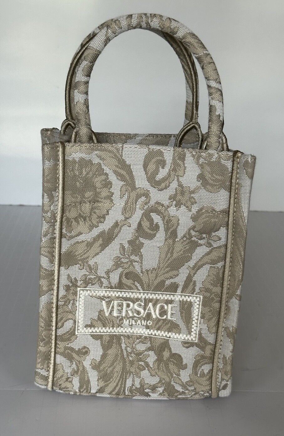 Versace Top Handle Barocco Mini Tote Fabric/Leather Beige Bag 1010951 New $1275