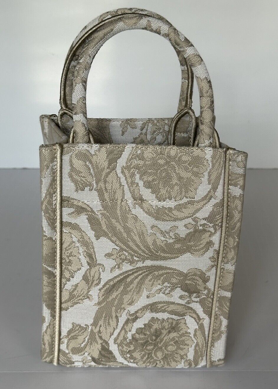 Versace Top Handle Barocco Mini Tote Fabric/Leather Beige Bag 1010951 New $1275