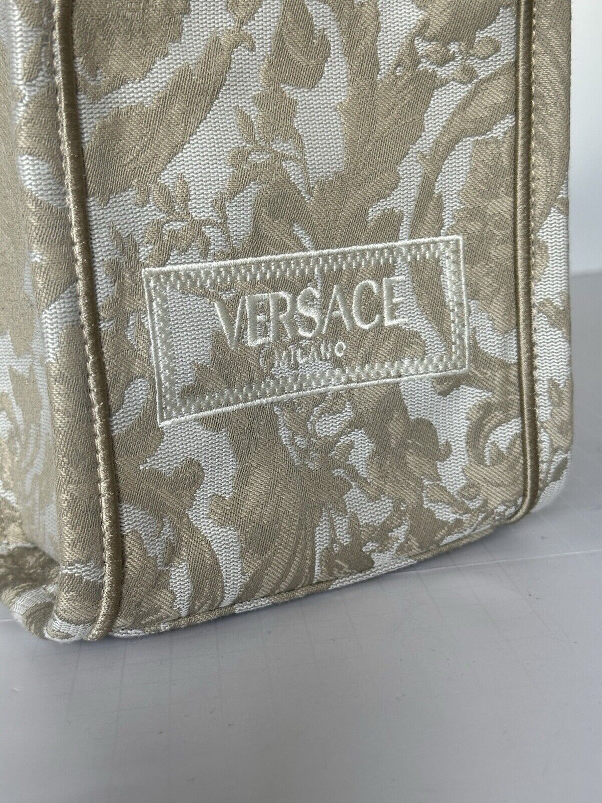 Versace Top Handle Barocco Mini Tote Fabric/Leather Beige Bag 1010951 New $1275