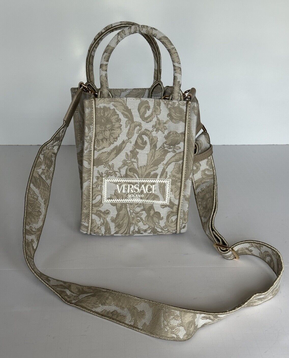 Versace Top Handle Barocco Mini Tote Fabric/Leather Beige Bag 1010951 New $1275