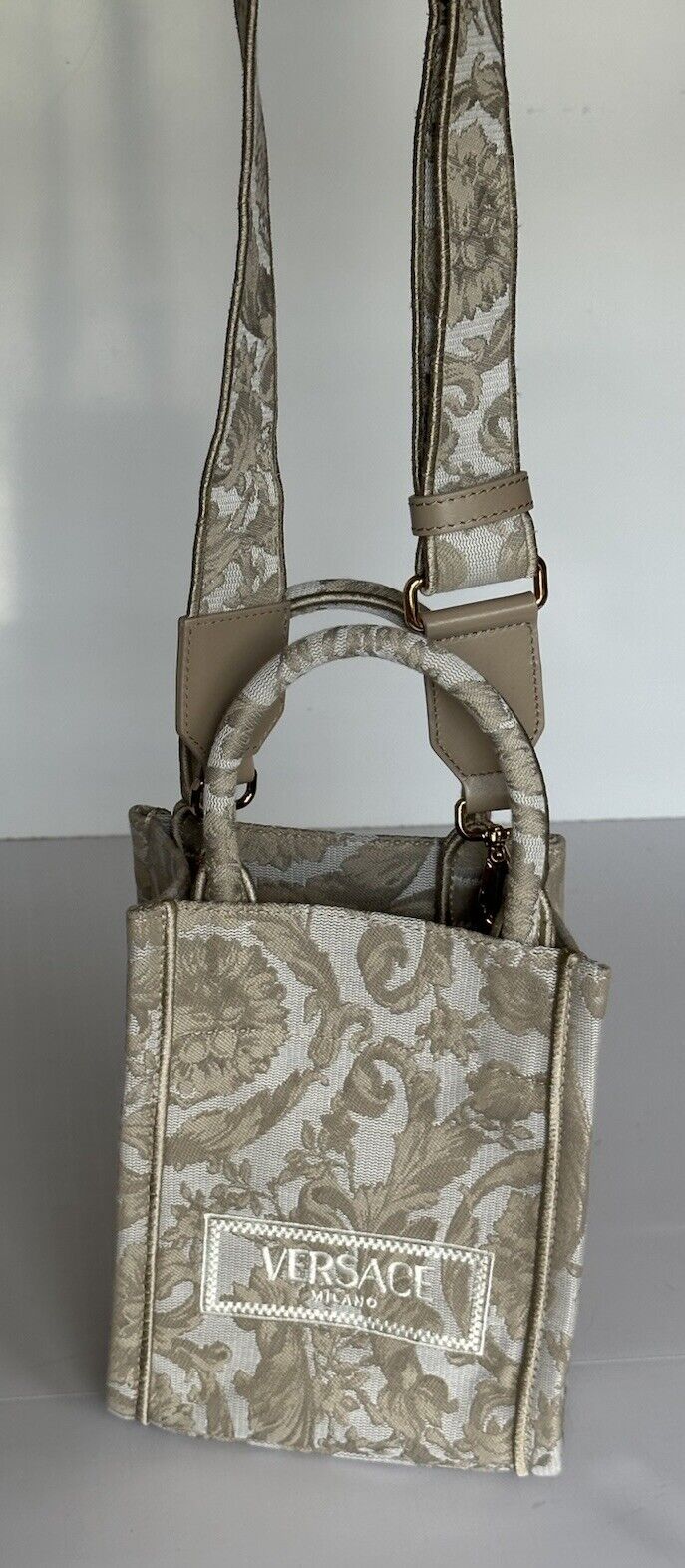 Versace Top Handle Barocco Mini Tote Fabric/Leather Beige Bag 1010951 New $1275