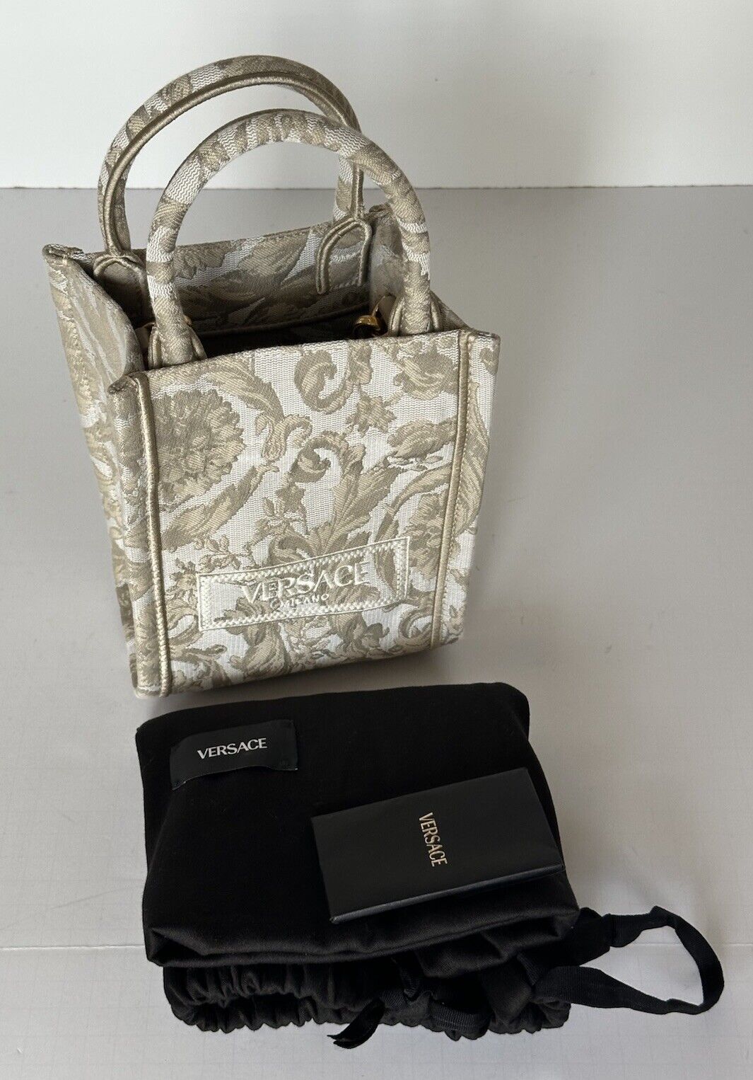 Versace Top Handle Barocco Mini Tote Fabric/Leather Beige Bag 1010951 New $1275