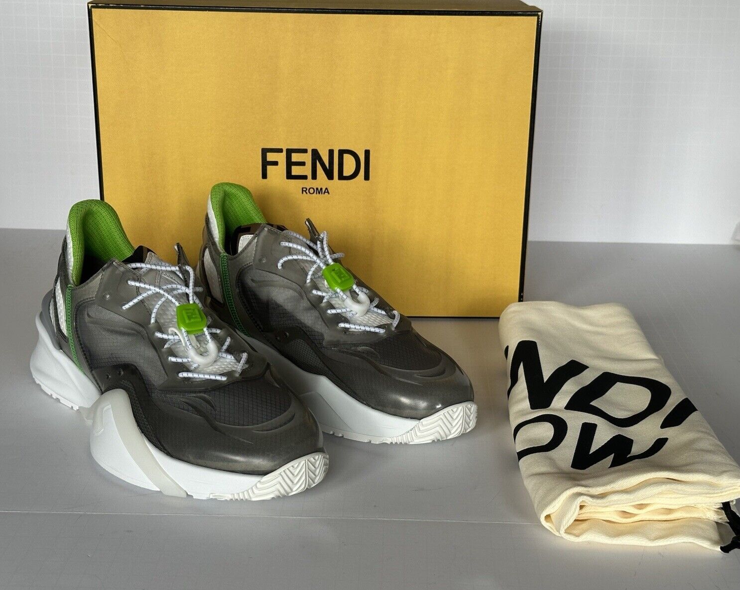 Fendi Flow Men's Gray/White/Green Sneakers 11 US (Fendi 10) 7E1583 IT NIB $930