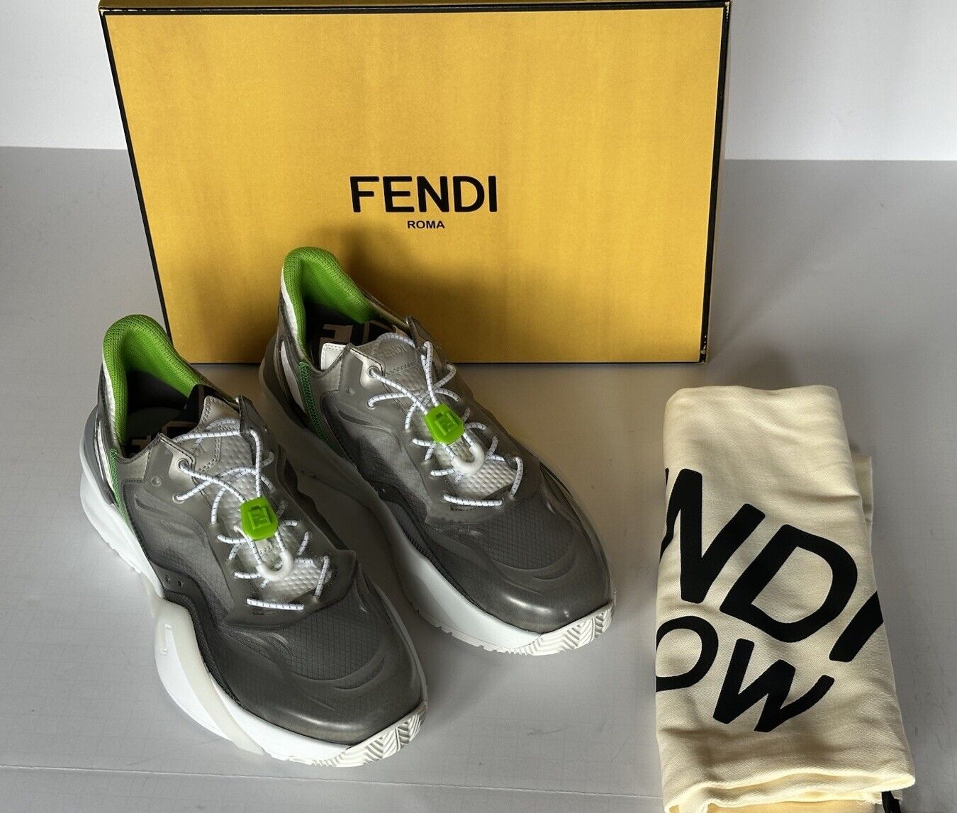 Fendi Flow Men's Gray/White/Green Sneakers 11 US (Fendi 10) 7E1583 IT NIB $930