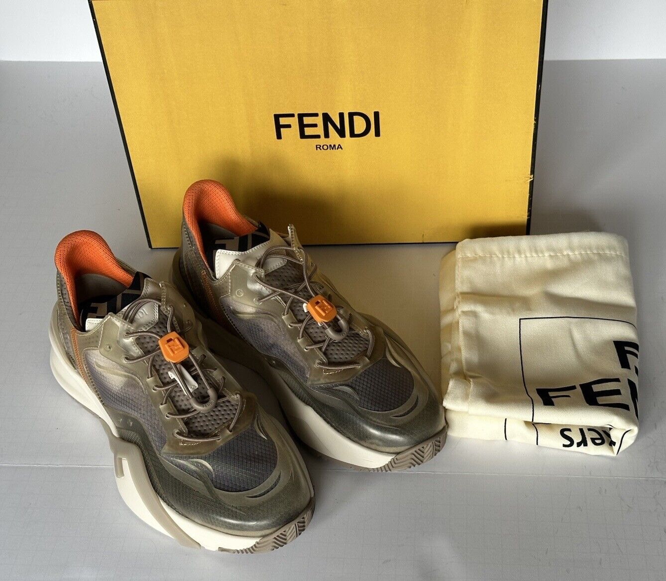 Fendi Flow Men's Gray/Orange Sneakers 11 US (Fendi 10) 7E1583 Italy NIB $930