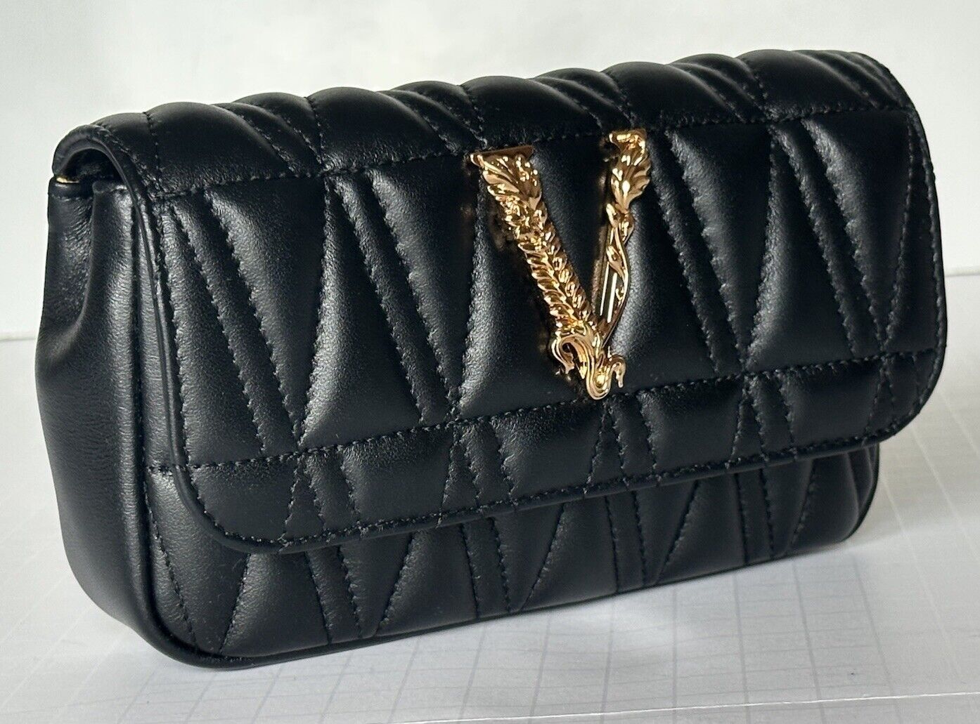 Versace Virtus Quilted Leather Black Crossbody Mini Shoulder Bag DBFI002 NWT