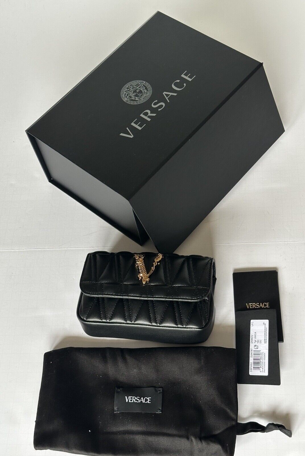 Versace Virtus Quilted Leather Black Crossbody Mini Shoulder Bag DBFI002 NWT