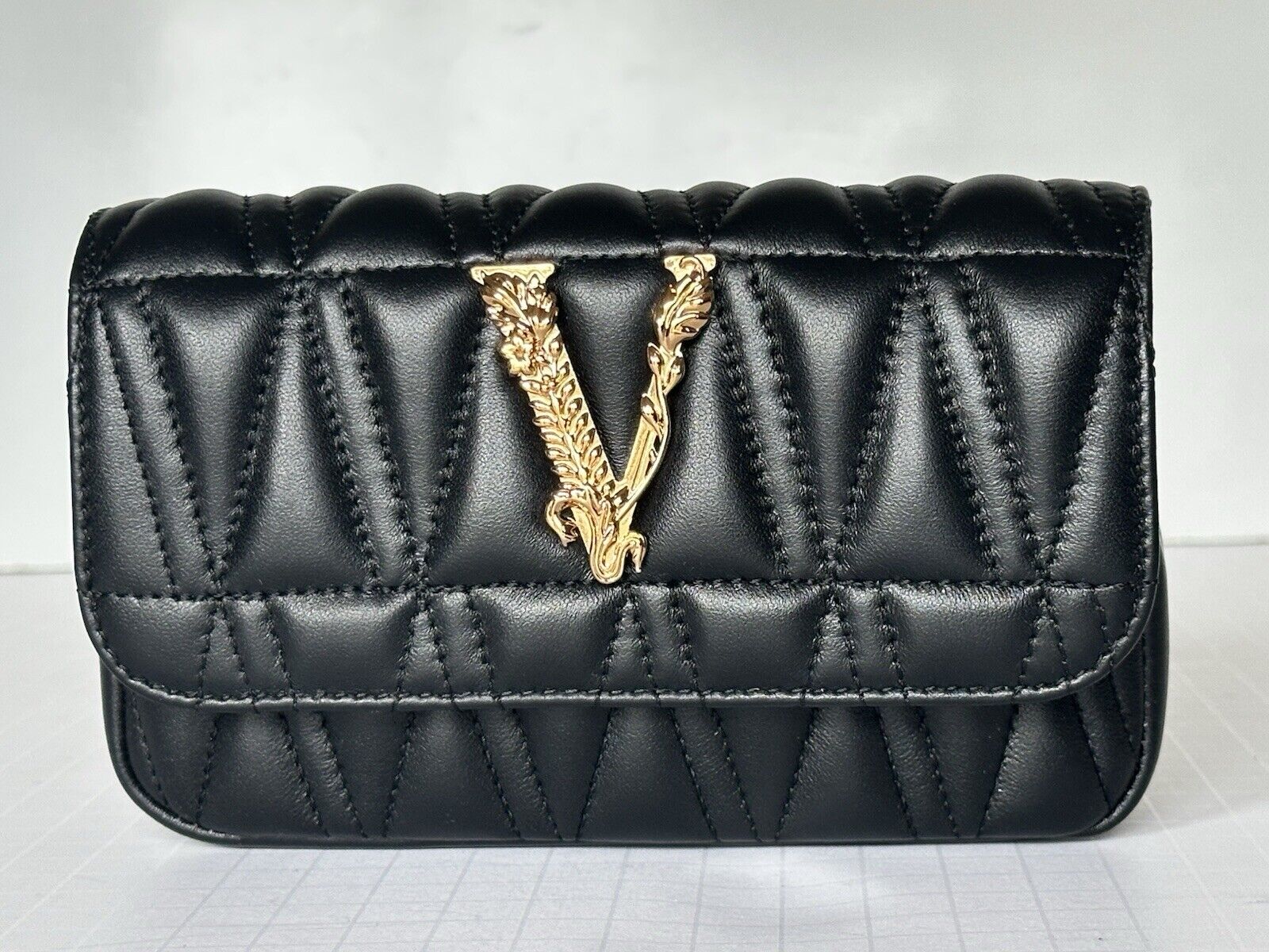 Versace Virtus Quilted Leather Black Crossbody Mini Shoulder Bag DBFI002 NWT