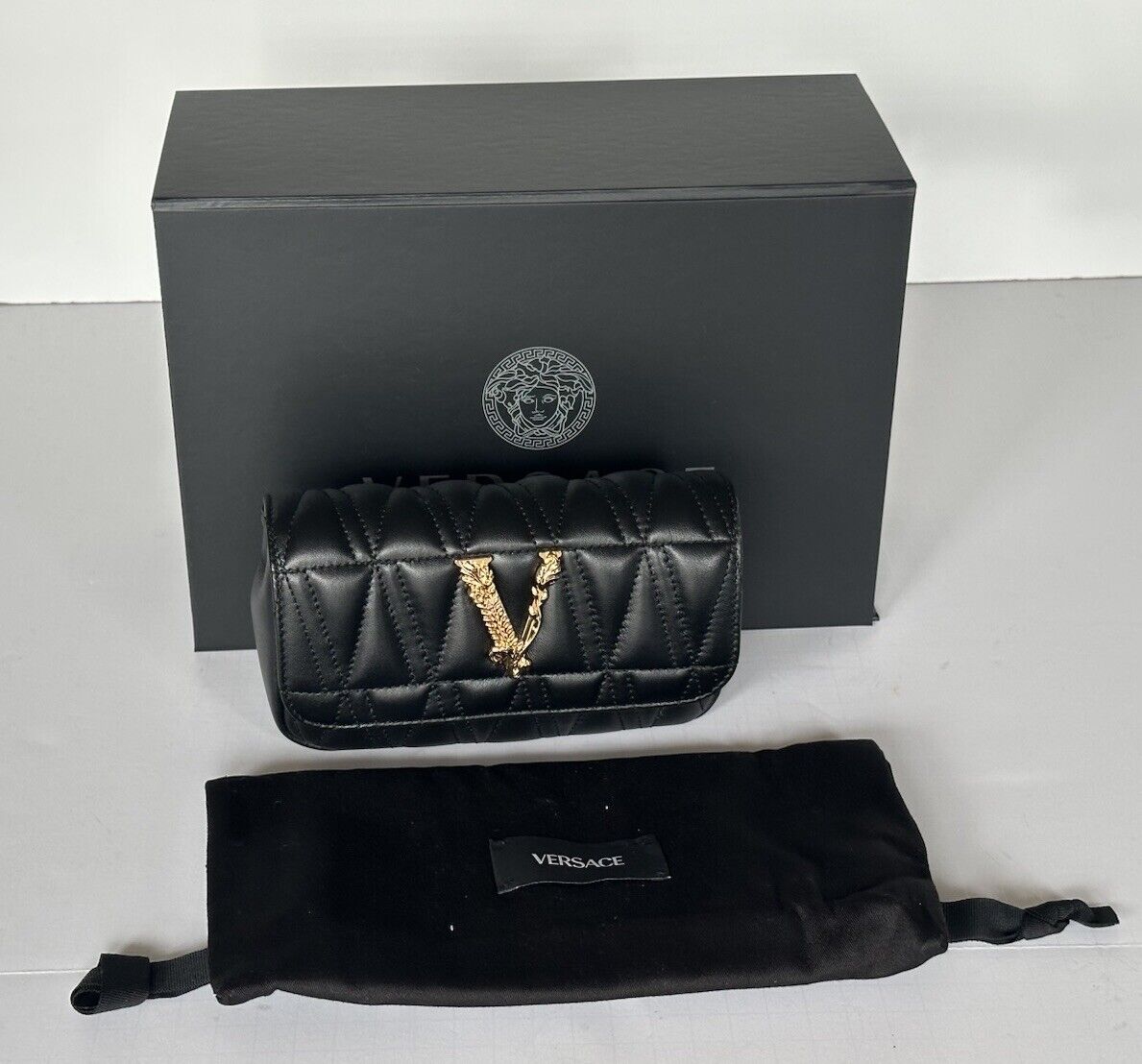 Versace Virtus Quilted Leather Black Crossbody Mini Shoulder Bag DBFI002 NWT