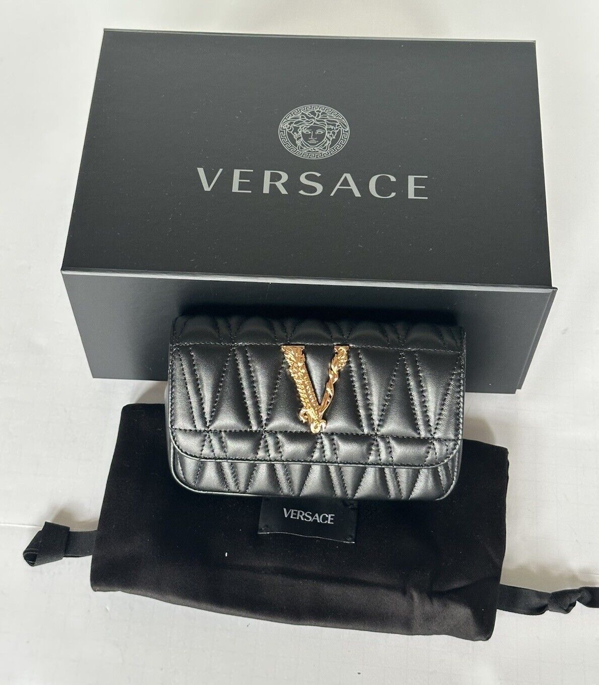 Versace Virtus Quilted Leather Black Crossbody Mini Shoulder Bag DBFI002 NWT