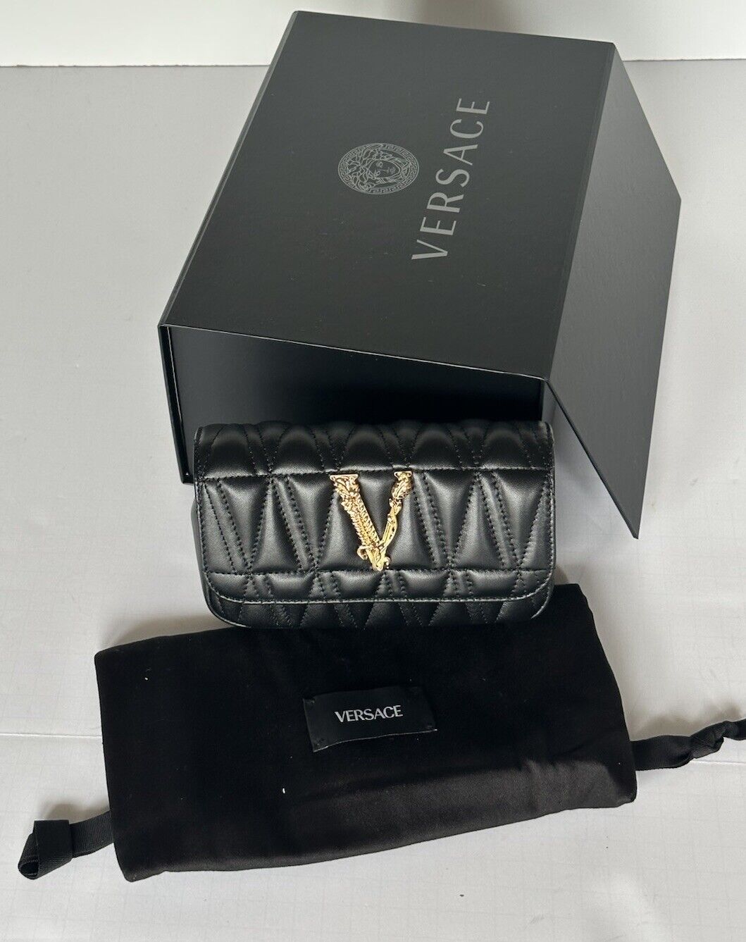 Versace Virtus Quilted Leather Black Crossbody Mini Shoulder Bag DBFI002 NWT