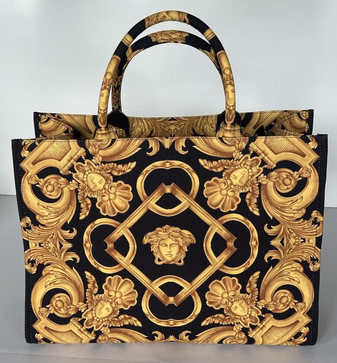 Versace Top Handle Small Tote Fabric/Leather Black/Gold Bag 1014570 IT NWT