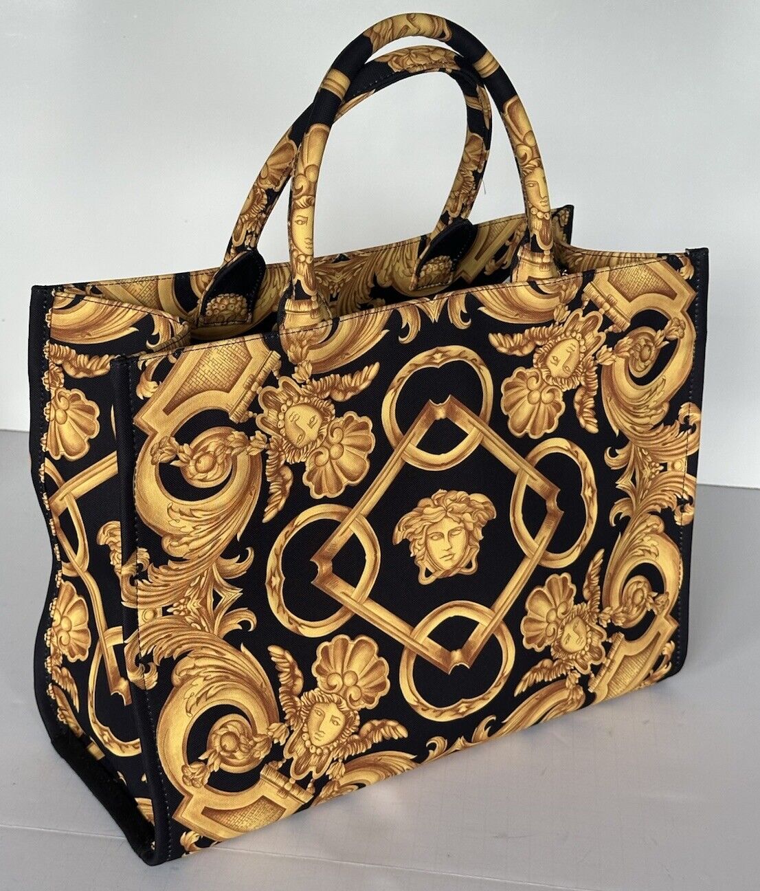 Versace Top Handle Small Tote Fabric/Leather Black/Gold Bag 1014570 IT NWT