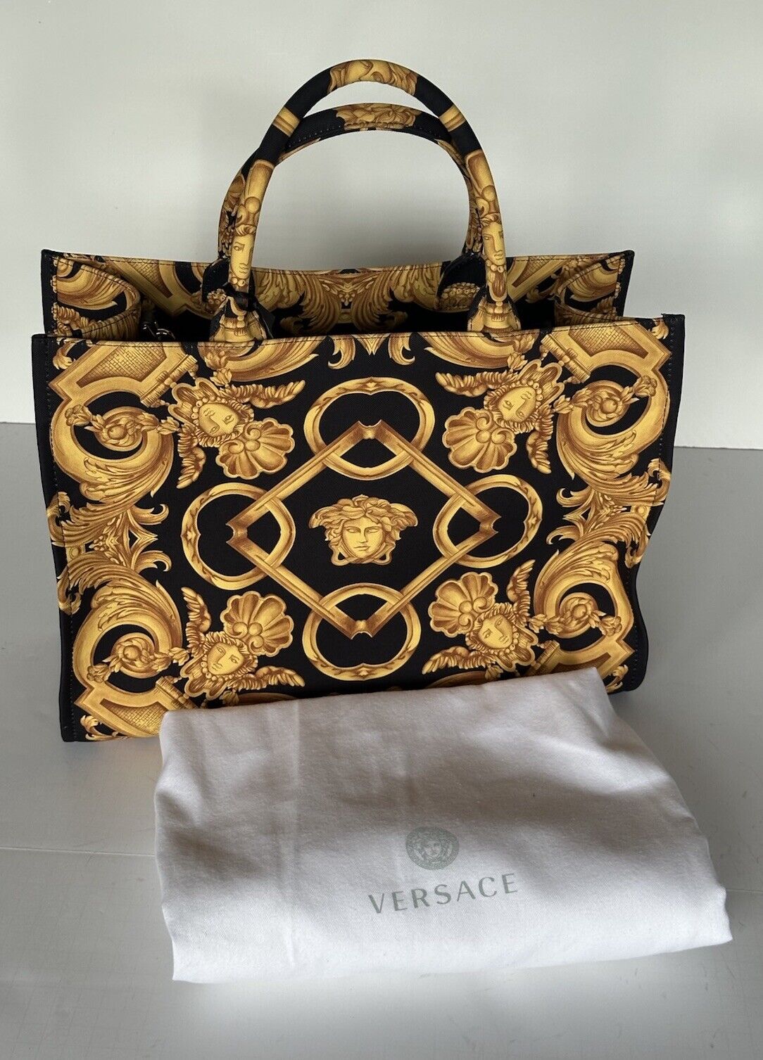 Versace Top Handle Small Tote Fabric/Leather Black/Gold Bag 1014570 IT NWT