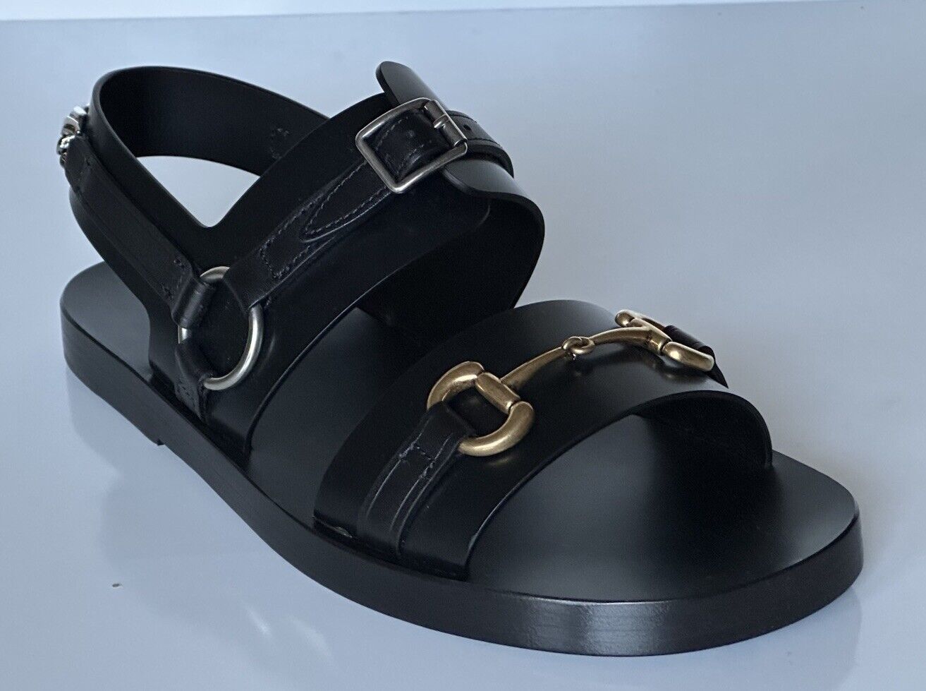 Gucci Men’s Leather Horsebit Chain-Link Black Sandals 7 US 6.5 Gucci 693200 NIB