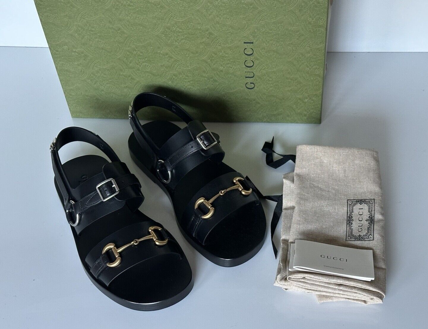 Gucci Men’s Leather Horsebit Chain-Link Black Sandals 7 US 6.5 Gucci 693200 NIB