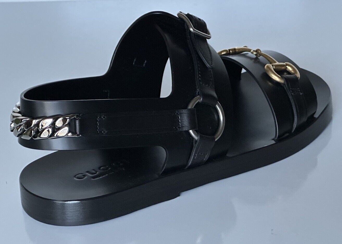 Gucci Men’s Leather Horsebit Chain-Link Black Sandals 7 US 6.5 Gucci 693200 NIB