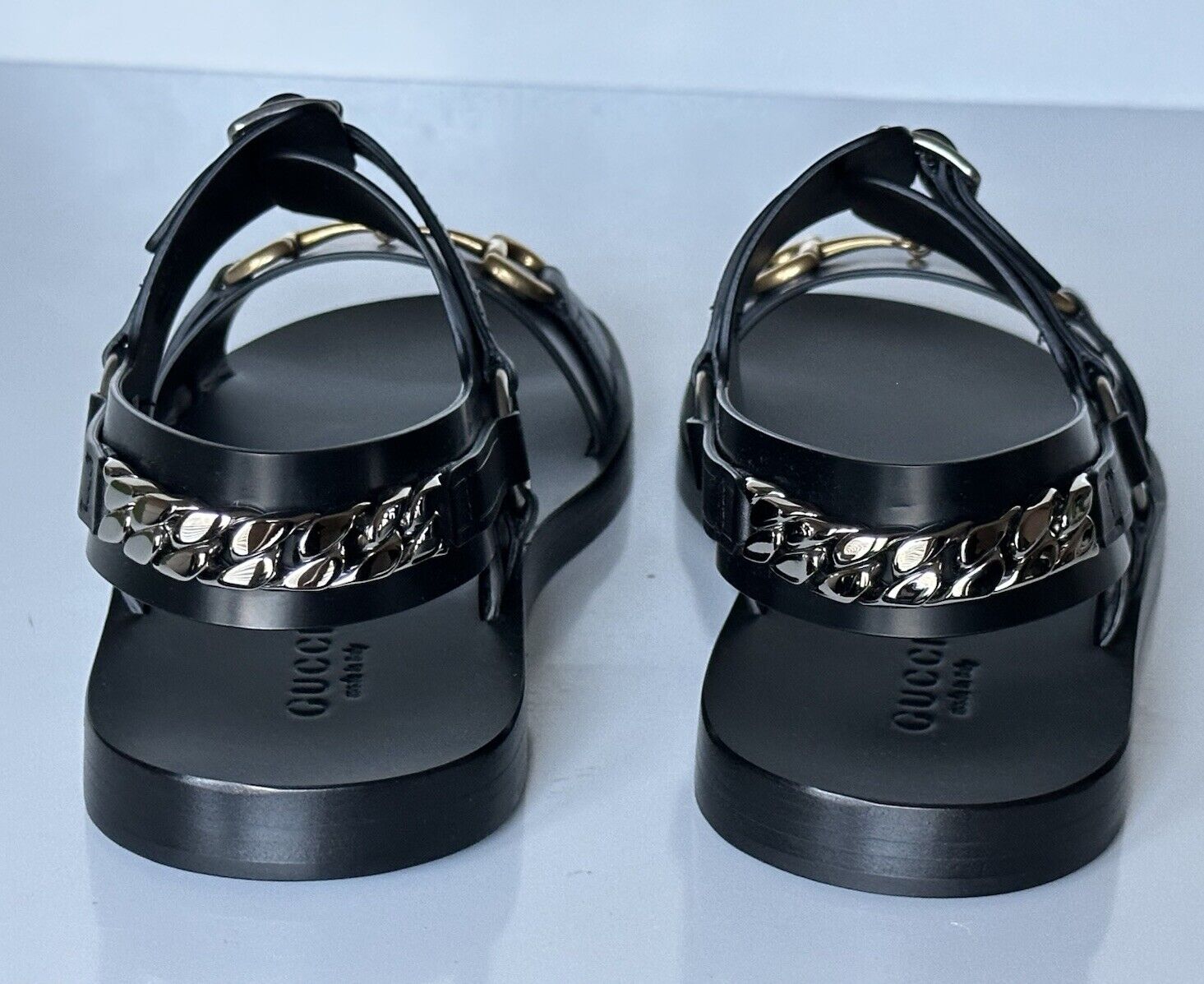 Gucci Men’s Leather Horsebit Chain-Link Black Sandals 7 US 6.5 Gucci 693200 NIB