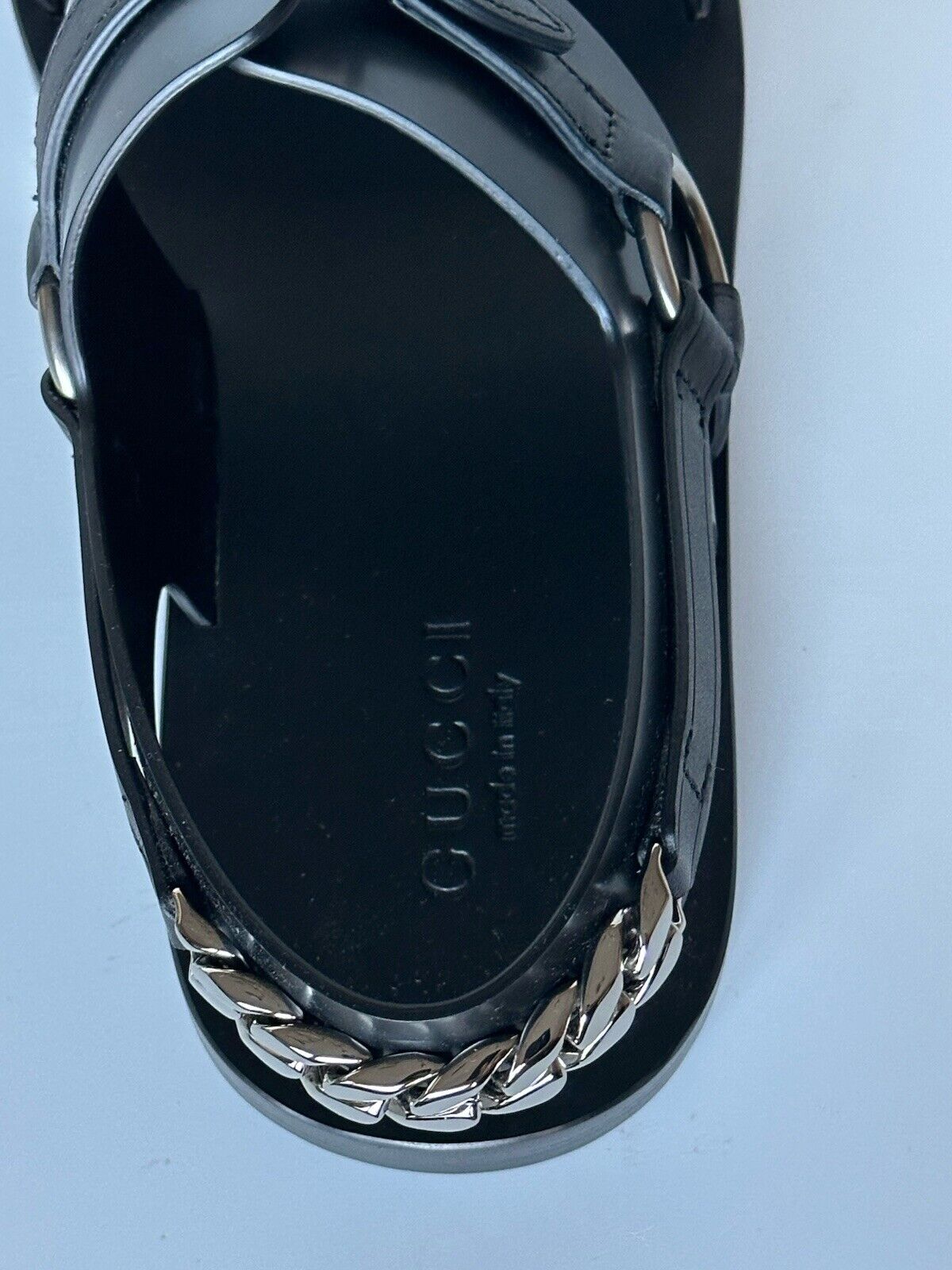 Gucci Men’s Leather Horsebit Chain-Link Black Sandals 7 US 6.5 Gucci 693200 NIB