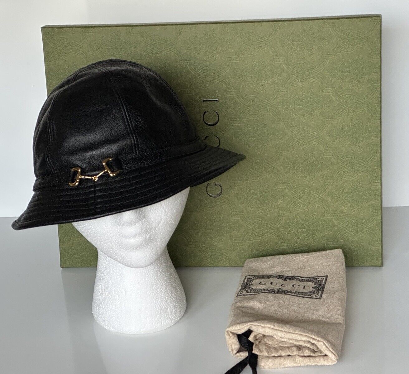 Gucci Horsebit Leather Black Bucket Hat Made in Italy Medium (58 cm) 666600 NWT