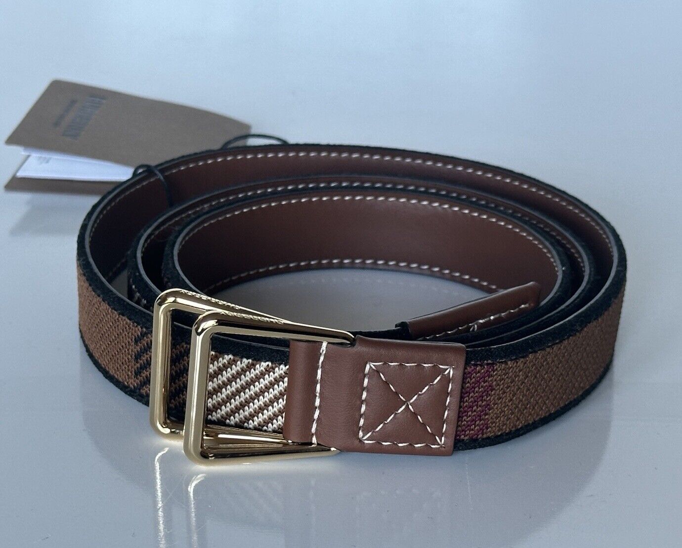 Burberry Check Knitted Dark Birch Brown  D-Ring Buckle Belt 80596341 IT NWT $590