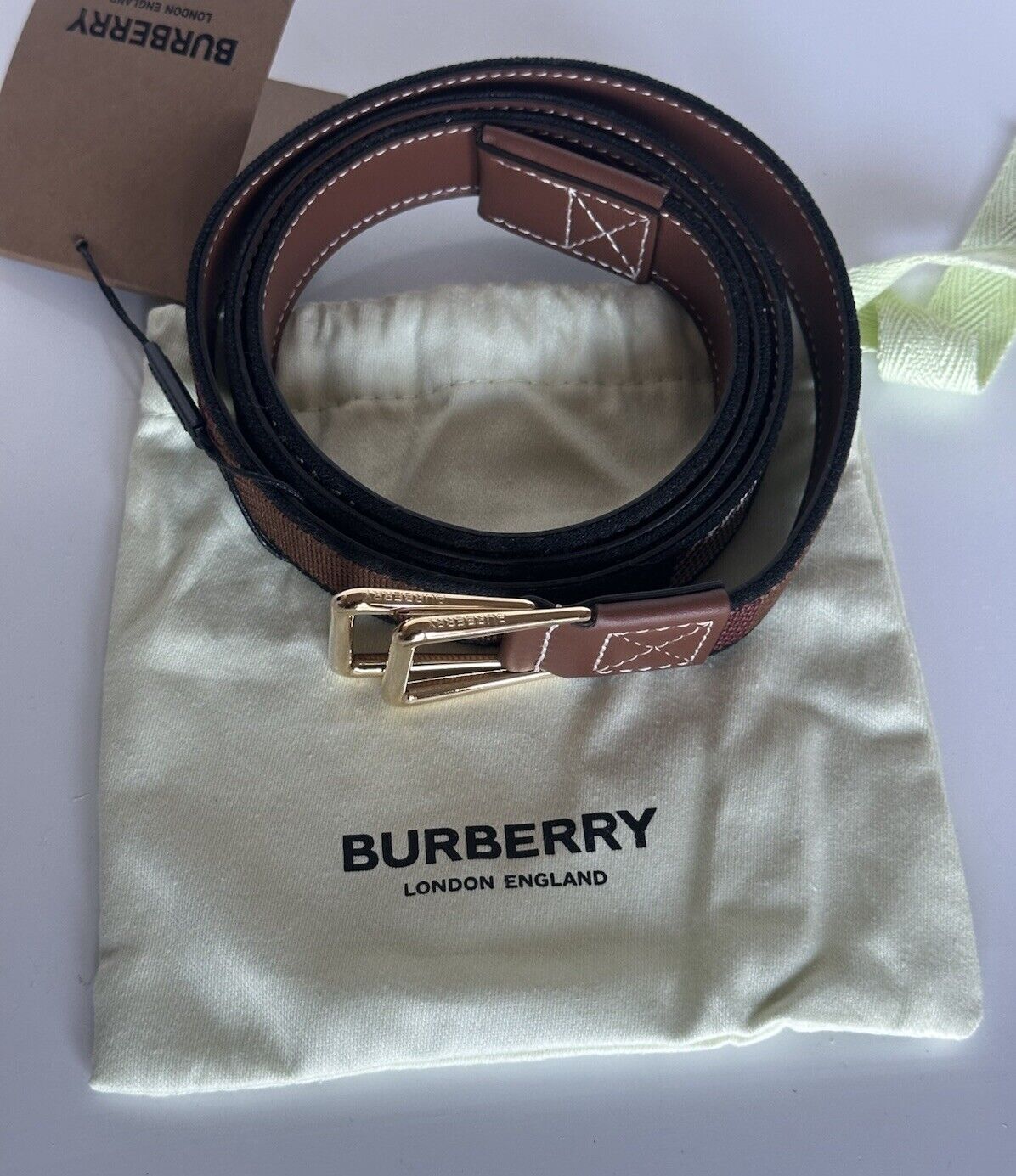 Burberry Check Knitted Dark Birch Brown  D-Ring Buckle Belt 80596341 IT NWT $590