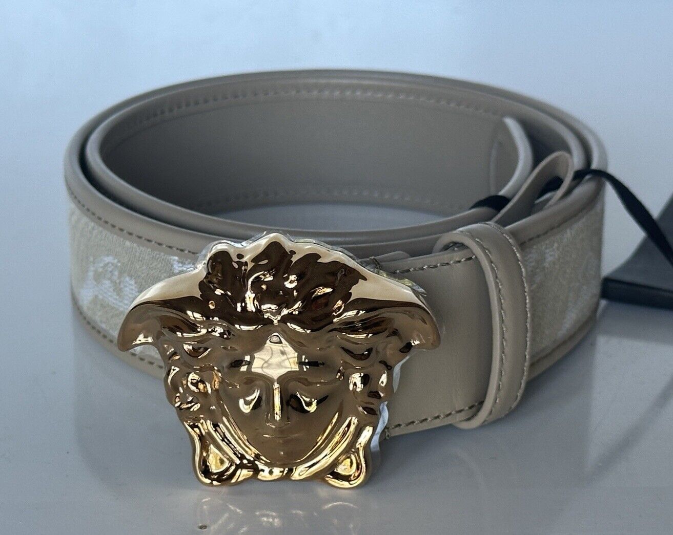 Versace Medusa-Buckle Jacquard Calf Leather Beige Belt 90 (36) DCU4140 NWT $525