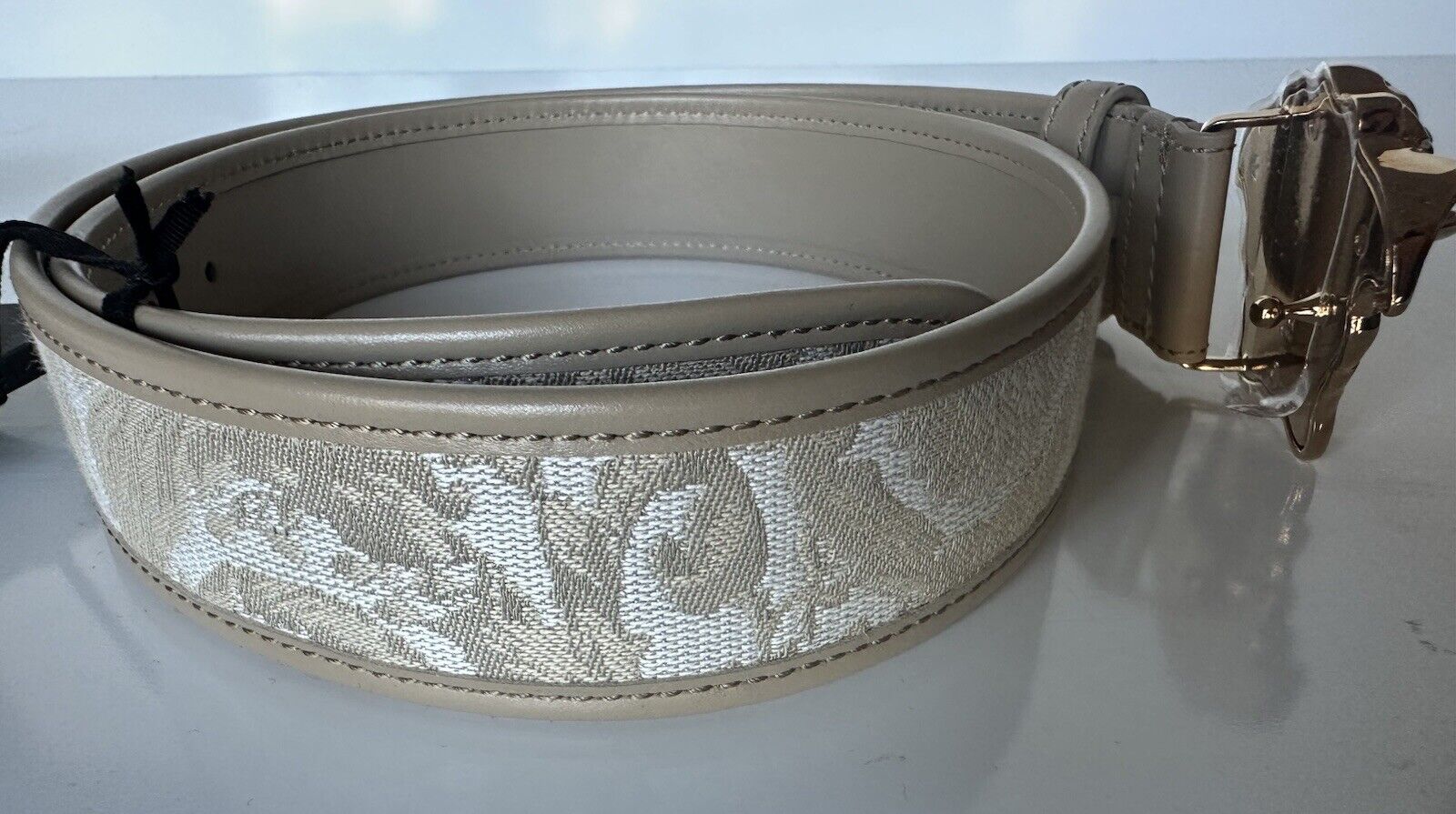 Versace Medusa-Buckle Jacquard Calf Leather Beige Belt 90 (36) DCU4140 NWT $525