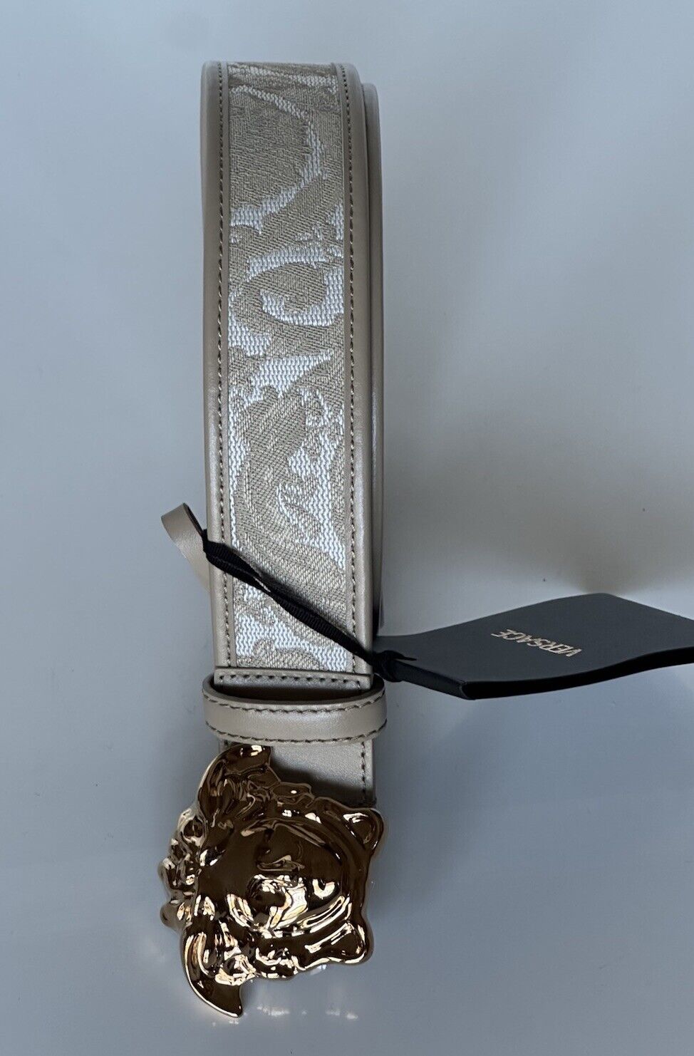 Versace Medusa-Buckle Jacquard Calf Leather Beige Belt 85 (34) DCU4140 NWT $525