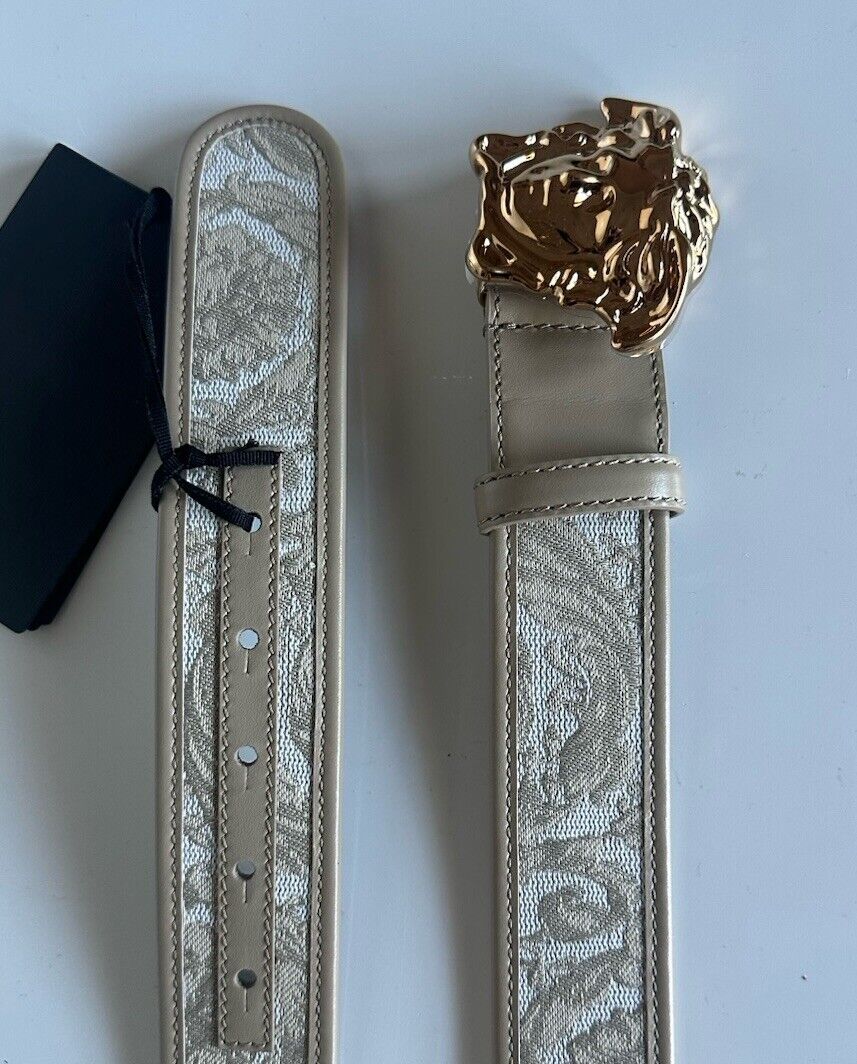 Versace Medusa-Buckle Jacquard Calf Leather Beige Belt 85 (34) DCU4140 NWT $525