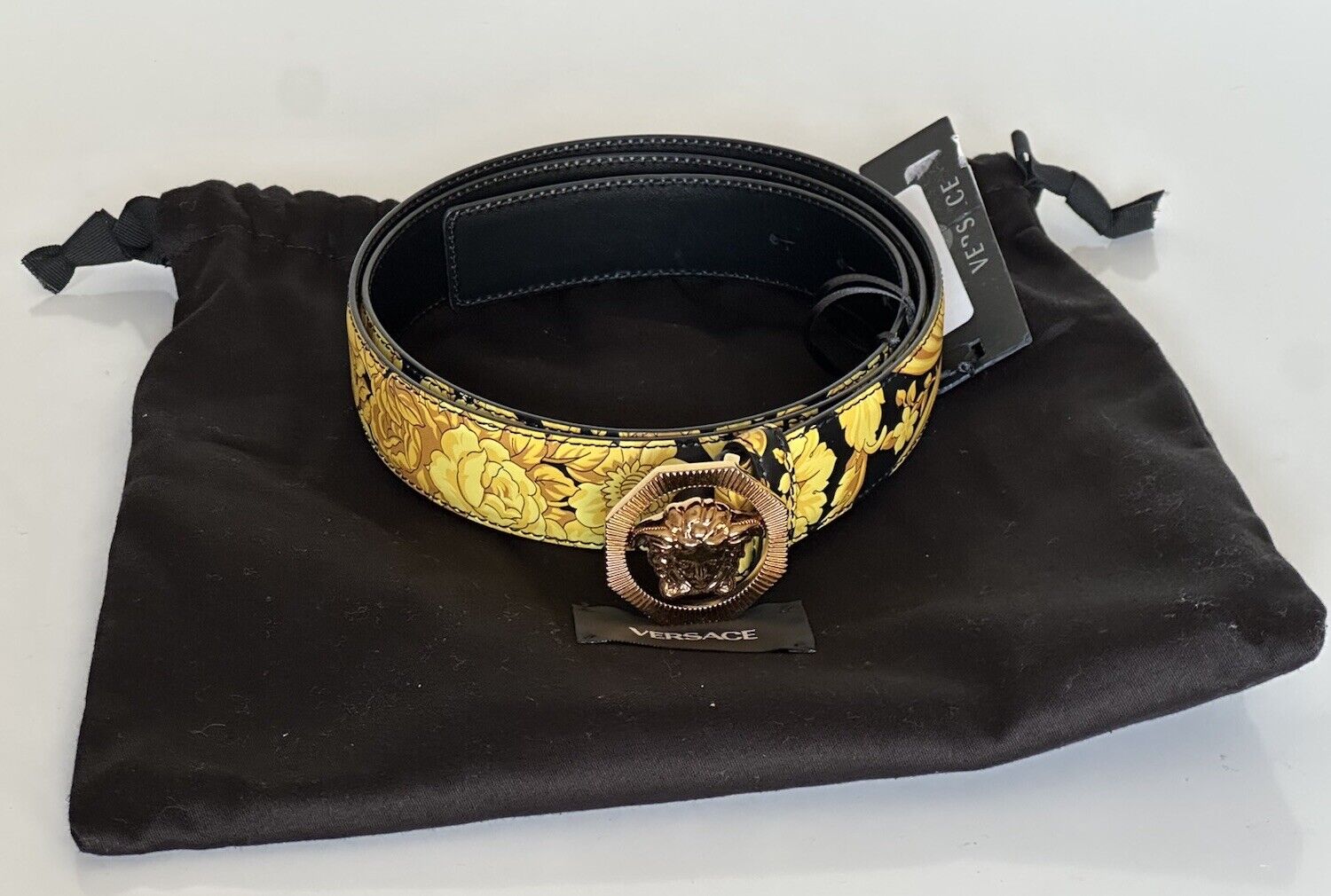 Versace Medusa-Buckle Black/Gold Leather Belt 115 (46) Italy DCU6715S NWT $550