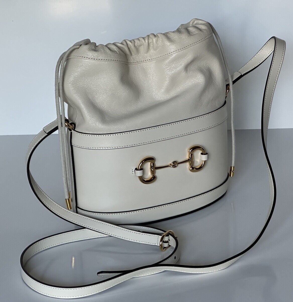 Gucci Women’s Azalea Horsebit 1955 Bucket Crossbody Leather Bag White 602118