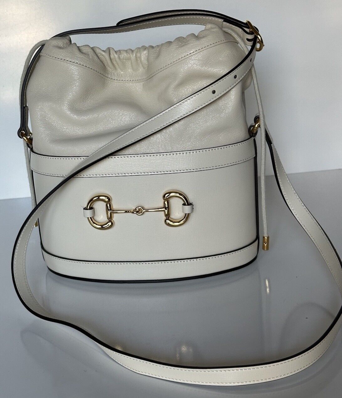 Gucci Women’s Azalea Horsebit 1955 Bucket Crossbody Leather Bag White 602118