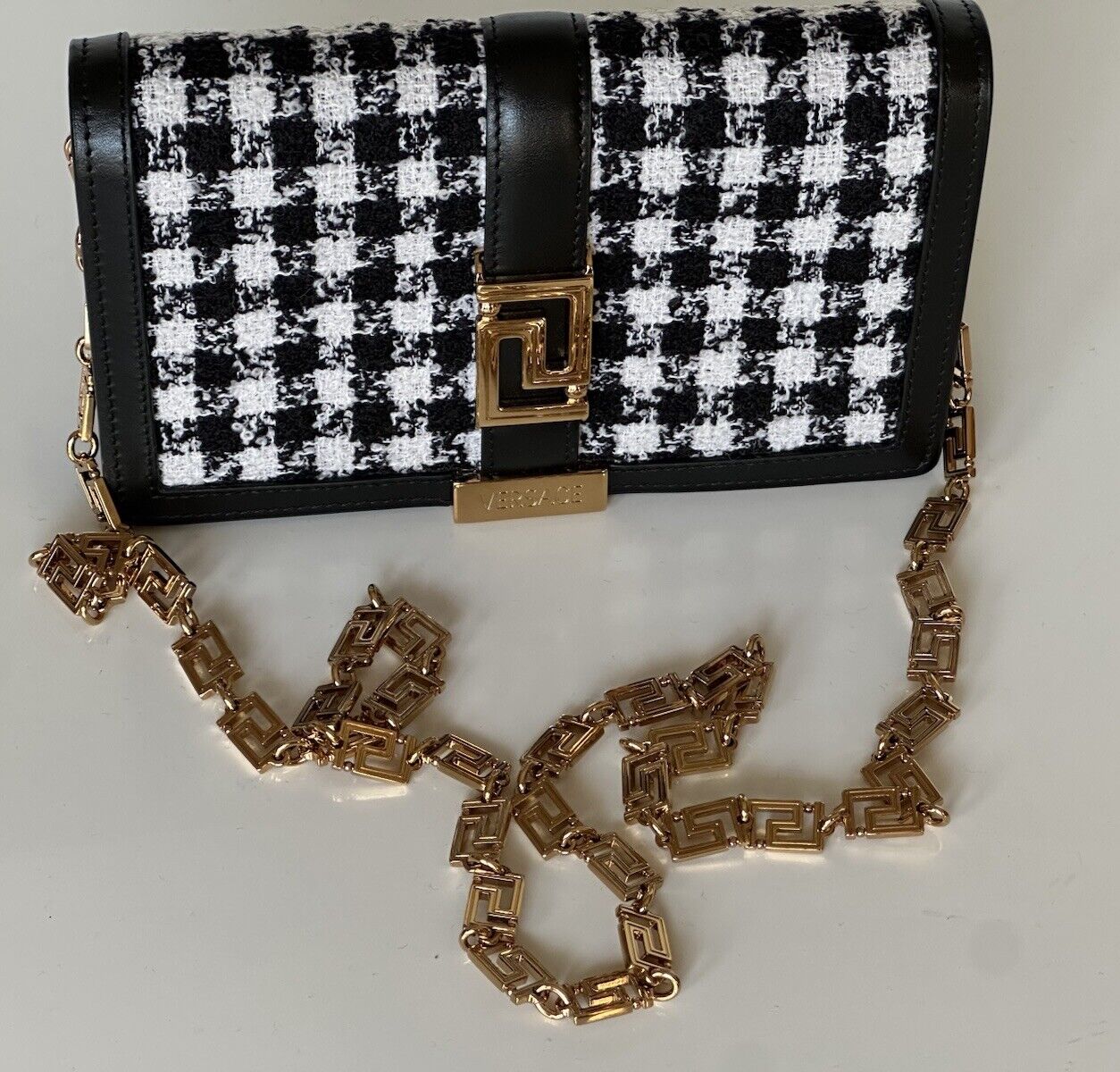 Versace Greek Key Leather Black Wallet on Chain Mini Shoulder Bag 1007220 NWT