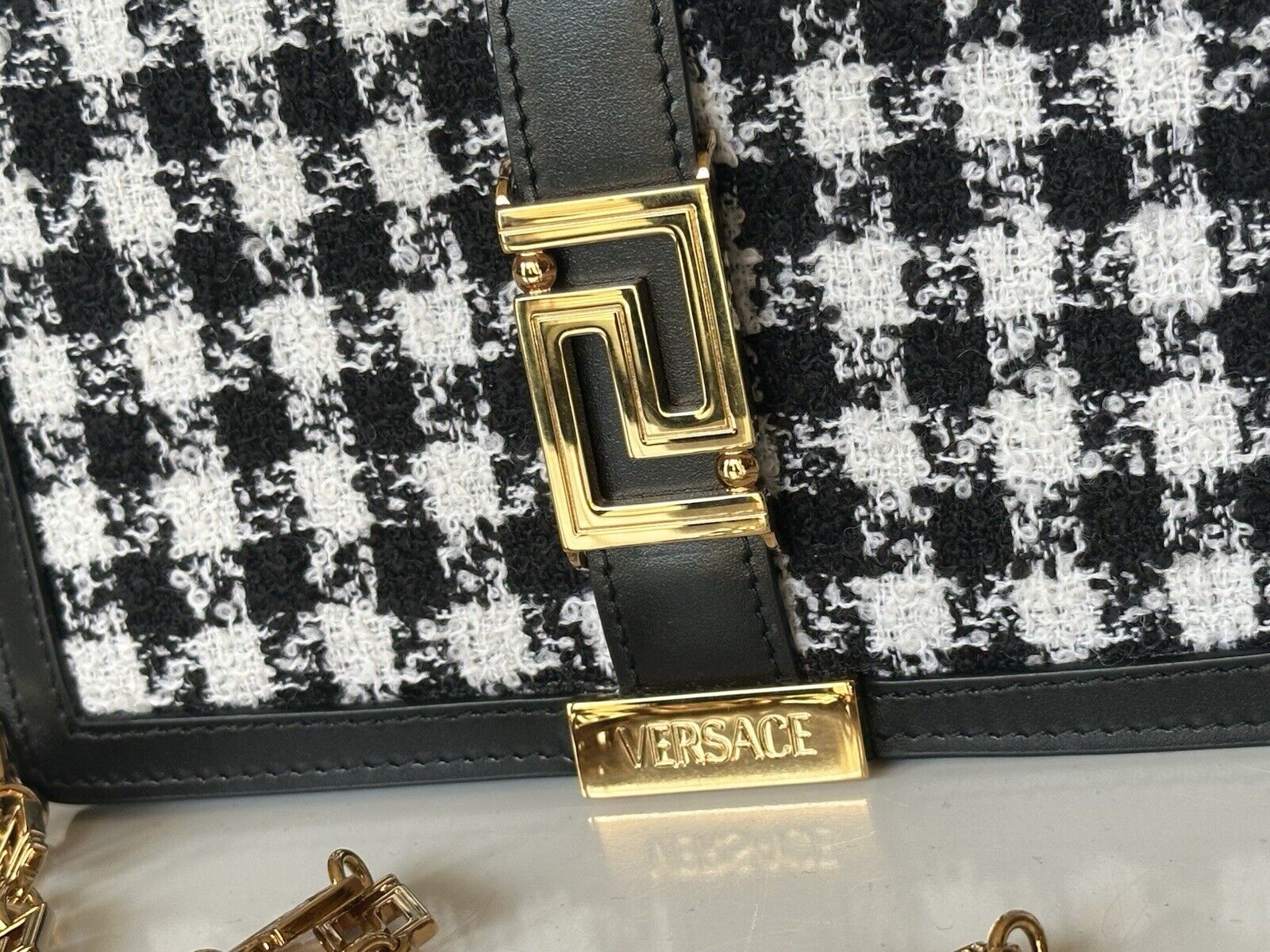 Versace Greek Key Leather Black Wallet on Chain Mini Shoulder Bag 1007220 NWT